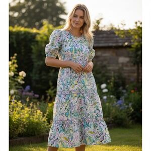 Sohana Floral Cotton Tiered Side Pockets Cottagecore Puff Sleeve Midi Dress-Lg